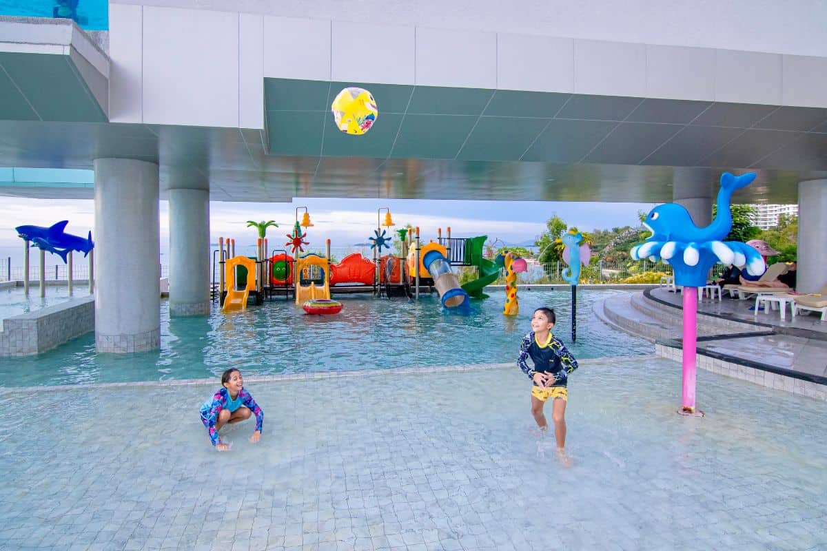 sky aquarium pool with colorful playground